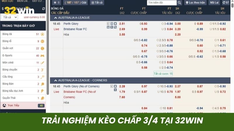Cược kèo cược chấp ¾ tại nền tảng 32win