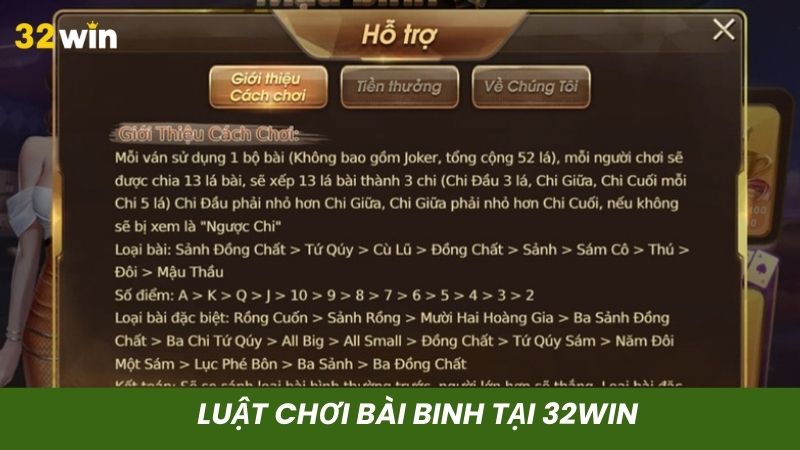 Luật chơi bài binh tại 32win được hiển thị rõ ràng